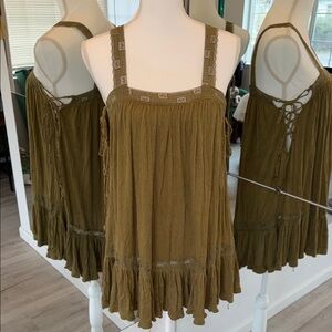 Free People Olive Green Boho Lace-Trimmed Camisole